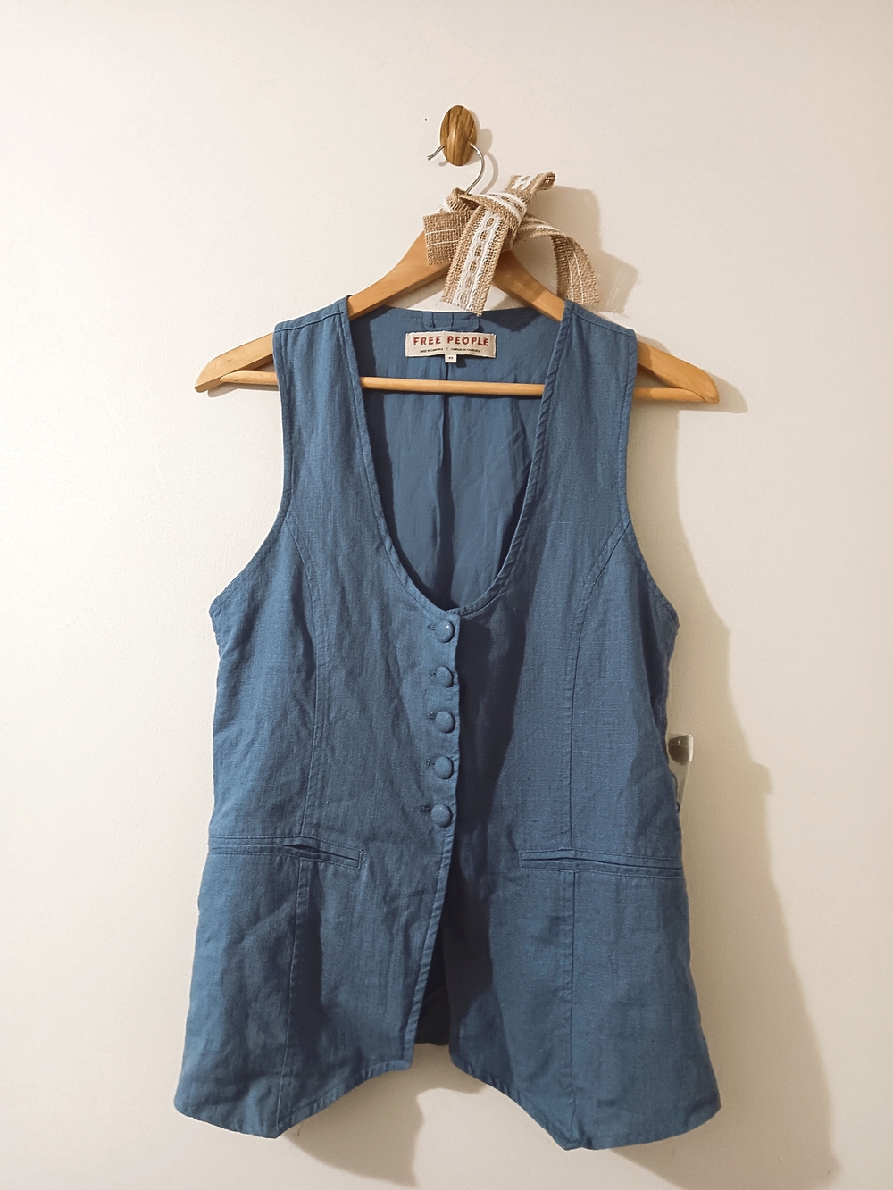 Free People Millie Linen Blend Denim Grey Button Front Bohemian Minimalist Vest